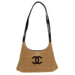 CHANEL - a corduroy Chocobar handbag. Designed with a quilted beige corduroy exterior with a brown