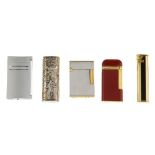 A selection of four designer lighters and a lighter cover. To include a Dunhill black lacquered