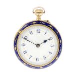 An open face fob watch. Yellow metal case with enamel decoration, stamped 18C. Unsigned keyless wind