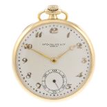 An open face pocket watch by Patek Philippe & Co. Yellow metal case, stamped 0,750 with poincon.