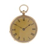 An open face pocket watch by Dent. Yellow metal case with engraved cuvette, testing as 18ct gold.