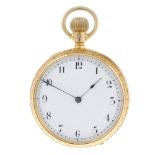 An open face pocket watch by Waltham. Yellow metal case, stamped 18C. Numbered 24430. Signed keyless