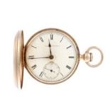 A full hunter pocket watch by Waltham. Yellow metal case with engraved inside front cover, stamped