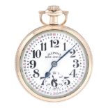 An open face railroad grade pocket watch by Illinois Watch Co. Gold plated case. Numbered 8272928.