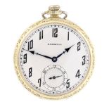 An open face pocket watch by Hamilton. Yellow metal case, stamped 14 Karat. Signed keyless wind