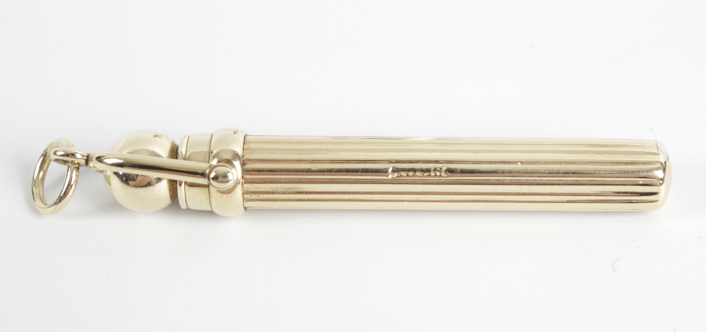A 9ct gold Samson Mordan pencil, the grooved removable cover with suspension ring, enclosing a