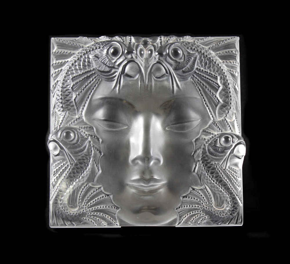 'Masque de Femme', a large and impressive modern Lalique frosted crystal glass panel. The square