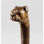 A 19th century carved wooden walking cane, the handle modelled as the head of a bulldog with inset