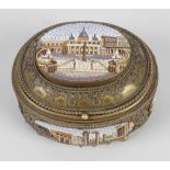 A late 19th century Italian gilt metal oval snuff box, the hinged opening cover inset with a micro