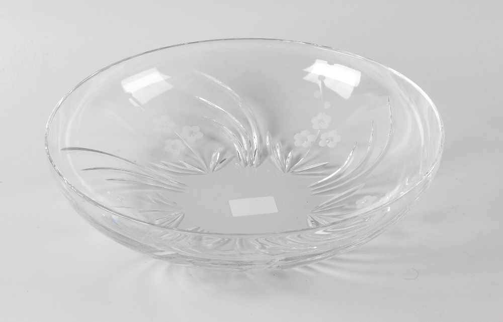 A box containing assorted lead crystal and other glassware. To include: A Royal Doulton etched bowl,