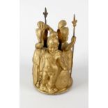 A 19th century cast bronze finial, modelled as three young males in classical dress with military