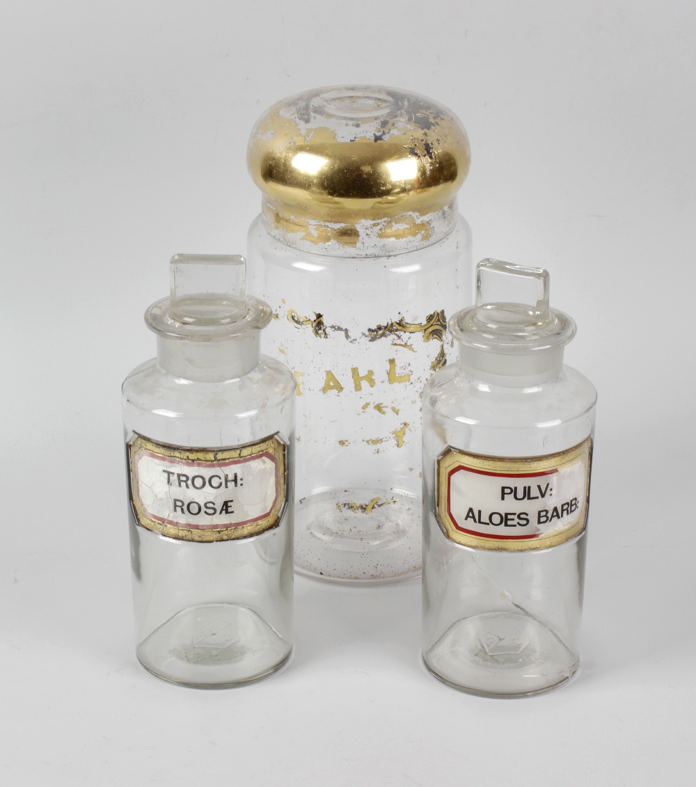 A group of sixteen apothecary jars, most by York Glass, each with gilt edges canted oblong label,