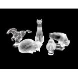 Three Lalique animal figurines. Comprising: a bison, with head lowered on integral rectangular block