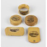 A small collection of Mauchline ware items, comprising a trick snuff box, two circular boxes with