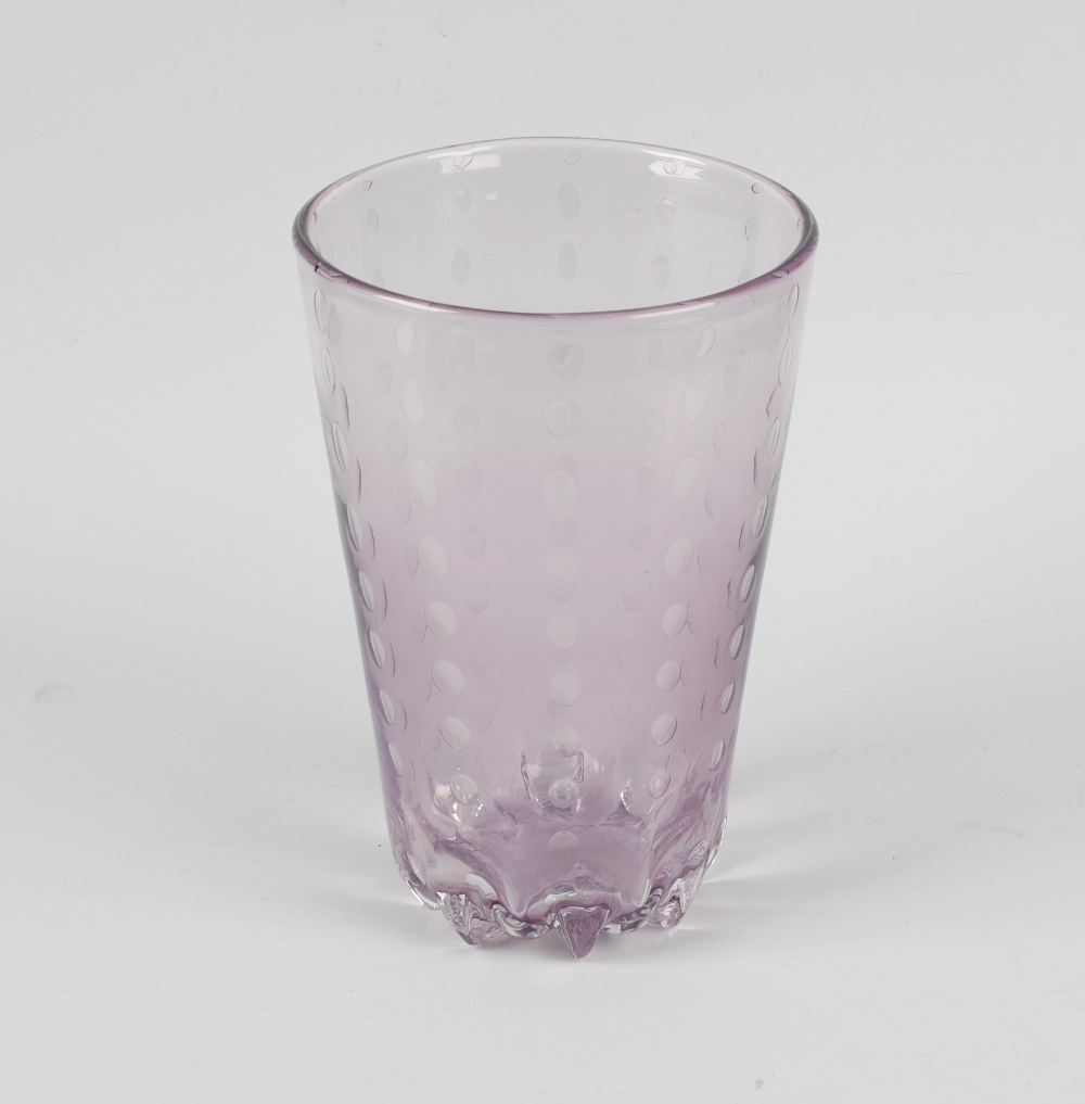 A Whitefriars style amethyst glass vase, of tapered cylindrical plain form, with internal banded