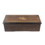 A Swiss inlaid rosewood cylinder musical box. The hinged rectangular cover centred by a musical