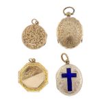 Four late 19th to early 20th century lockets. The first a 9ct gold locket of circular outline,