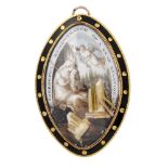 A George III gold, enamel, seed pearl and hair memorial brooch. Of navette shape, the black enamel