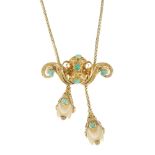 A mid Victorian gold, ivory and turquoise memorial necklace. The herringbone link chain to a