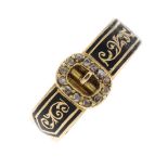 A late Victorian 18ct gold enamel and diamond hinged hair panel memorial ring. Designed as a black