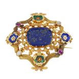 An early 19th century gold enamel and gem-set brooch. Of openwork design, the later added cushion-