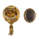 Two late Victorian memorial brooches. The first of oval outline, the basket weave frame, to the