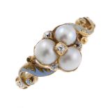 A mid to late Victorian split pearl, diamond and enamel trefoil memorial ring. The split pearls