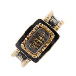 A late Georgian 18ct gold enamel memorial ring. The rectangular glazed central woven hair panel with