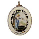 A mid to late Victorian hand painted and enamel hinged pendant. Of oval design, the white enamel