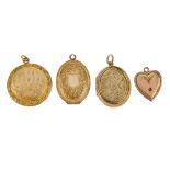 A selection of mainly rolled gold lockets. To include a rectangular locket with floral design to one