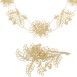 A late 19th century seed pearl suite. The necklace designed as openwork seed pearls in oak leaf