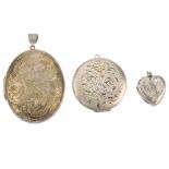 A selection of silver and white metal lockets. Of varying outlines, to include, heart, oval,