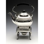 An Edwardian silver spirit kettle on stand, the oblong form with oblique gadrooning to rim, lobed