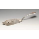 A George III silver fish slice, the pierced blade engraved with three fish motifs leading to an