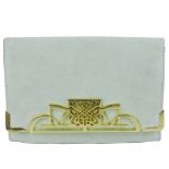 BIBA - a mint green suede clutch. Featuring polished gold-tone hardware to include maker's front