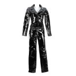 CHANEL - a 90s black patent two-piece outfit. To include a pair of mid rise, slim fit trousers,