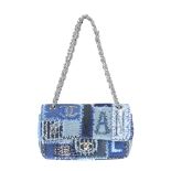 CHANEL - a denim patchwork flap handbag. Featuring a patchwork of blue coloured denims and tonal