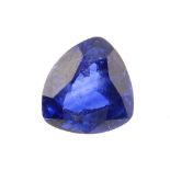 A triangular-shape sapphire, weighing 3cts. Sapphire medium blue, fairly well saturated, with