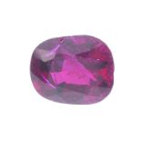 A square-shape ruby, weighing 1.93cts. Ruby is a medium red, with a slight purple overtone, with