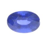 An oval-shape sapphire, weighing 3.86cts. Sapphire is a medium blue, fairly well saturated, fine