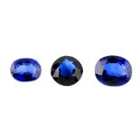 Five vari-shape synthetic sapphires. To include four oval-shapes and a pear-shape. Total weight 23.