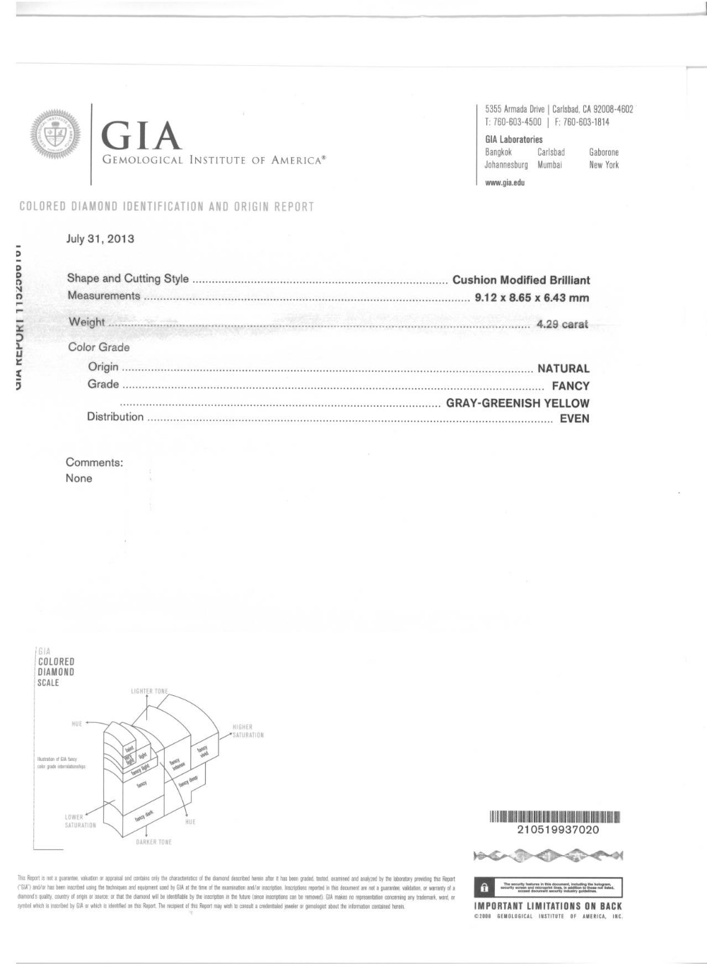 A cushion-cut 'coloured' diamond, weighing 4.29cts. Accompanied by report number 1152566161, dated - Image 2 of 2