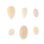 Six vari-shape opals. To include two pear cabochons, together with four oval cabochons. Total weight