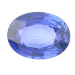 An oval-shape sapphire, weighing 4.48cts. Sapphire medium blue, with fair clarity, colour zoning can