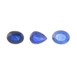 Three vari-shape sapphires. To include two oval-shapes weighing 2.05 and 1.98cts, together with a