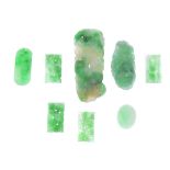 A selection of gemstones. To include six various floral jadeite carvings, together with further