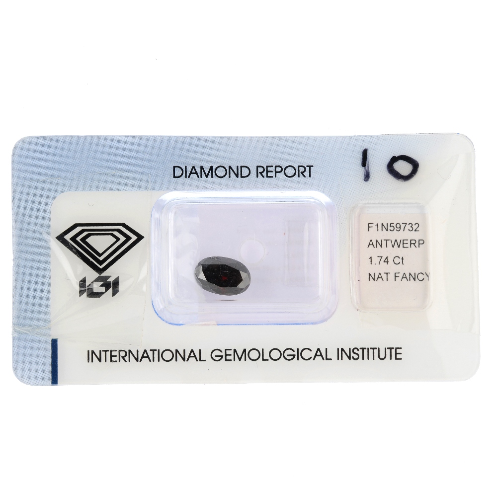 An oval-shape 'coloured' diamond, weighing 1.74cts. Accompanied by report number F1N59732, dated