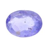 An oval-shape sapphire, weighing 3.47cts. Sapphire is a light purplish blue, with a number of