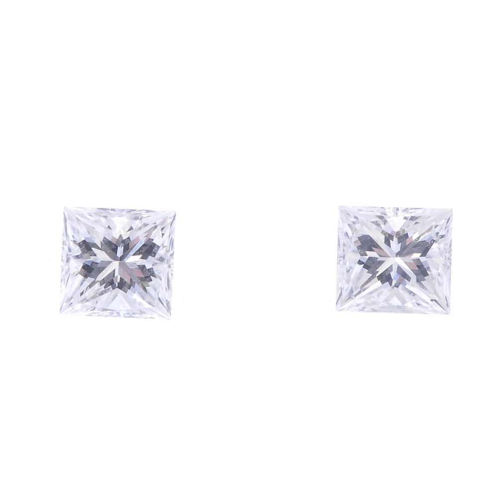 Two square-shape diamonds, weighing 0.18 and 0.16ct. Estimated H-I colour, VS clarity. Diamonds