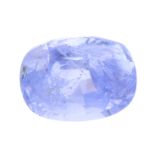 An oval-shape sapphire, weighing 1.48cts. Sapphire is a medium blue with a slight purple